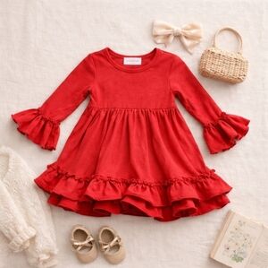Serendipity Boutique Twirl Dress 18M Muted Red Bell Sleeve Ruffle Hem Toddler